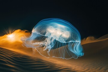 A bioluminescent jellyfish seemingly floats over a desert landscape at sunset, a surreal and captivating scene.