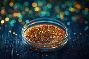 Sparkling golden glitter in a glass dish against a bokeh background.