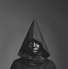 Portrait of a Black man wearing a pointed black hood against a grey backdrop