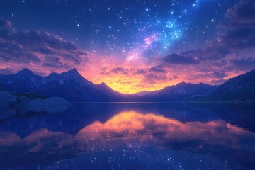 Serene sunset over a tranquil lake, reflecting the vibrant sky and majestic mountains under a starry night.