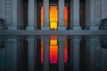 Reflective sunset mirroring through classical columns, creating a symmetrical and serene architectural scene.