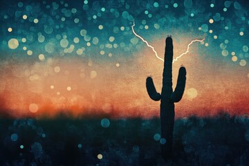 A lone saguaro cactus stands silhouetted against a vibrant sunset sky with a lightning strike.
