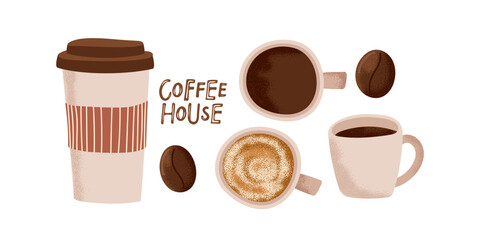 Coffee drink set. Coffee House lettering, coffee mug, cups, beans. Cartoon Vector set for coffee company, shop, restaurant, cafe. Illustration coffee for logo, add, promotion, marketing, banner