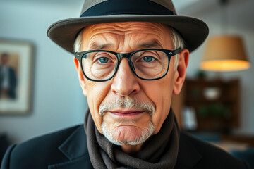 Thoughtful Senior Man in a Hat and Glasses