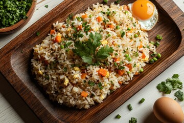 Delicious fried rice with mixed vegetables and a fried egg, garnished with cilantro.