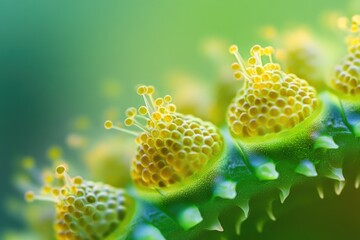 Microscopic close-up of vibrant yellow pollen grains on a green stem, showcasing intricate details.