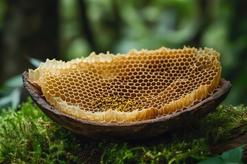 A honeycomb, nestled in a natural bowl, filled with pollen, sits on moss.