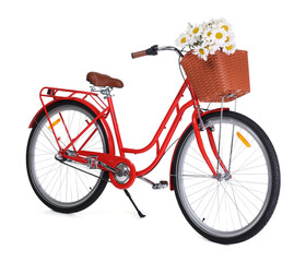 Bicycle with basket of beautiful flowers isolated on white