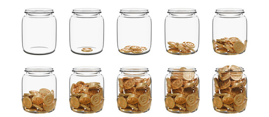 A set of transparent glass jars, each containing a different amount of coins. Empty, partially filled, and full symbolizing stages of saving, financial progress, or budgeting growth.