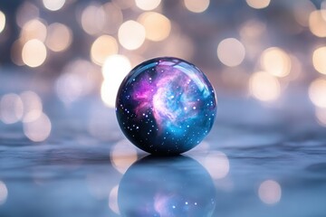 A glass sphere encapsulates a vibrant nebula, mirroring the cosmos in miniature against a bokeh backdrop.