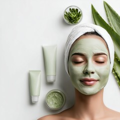 The Face of a Girl with a Cosmetic green Mask on a white background. Tubes of Creams and aloe vera are nearby.