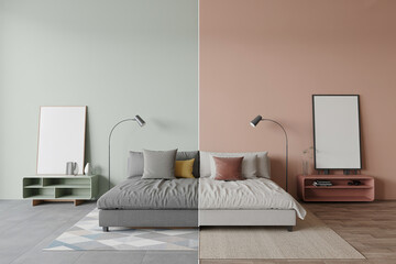 Split image of a bedroom with contrasting wall colors and decor styles