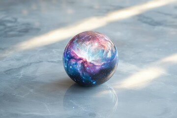 A glass sphere encapsulates a vibrant nebula, a cosmic wonder captured within.