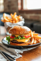 Delicious Double Cheeseburger with French Fries