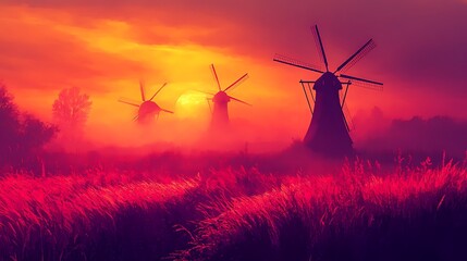 PPng of Vibrant Sunset Misty Field with Windmills on Transparent Background