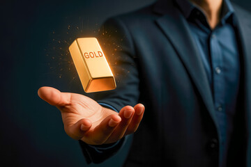 Close-up of a businessman holding a gleaming gold bar symbolizing wealth and investment