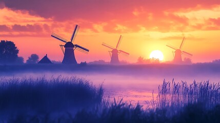 PPng of Vibrant Sunrise over Dutch Windmills Misty Meadow Landscape Photography on Transparent Background