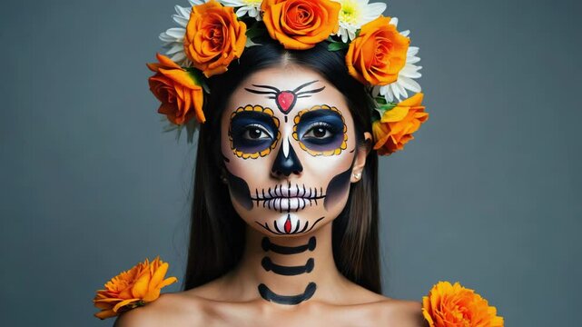 Young woman with sugar skull makeup with a wreath of flowers on her head and skull on gray background. concept of Halloween or day of the dead.