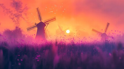 PPng of Sunset Landscape Windmills in Purple Haze  Artistic Digital Painting on Transparent Background