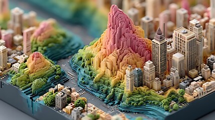 the miniature city is depicted as a three dimensional topographical map with mountains, water features, and an urban landscape