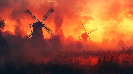 PPng of Fiery Sunset Dutch Windmills in a Dramatic Landscape Painting on Transparent Background