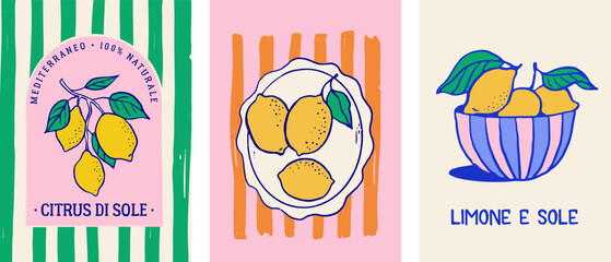 Fototapeta na wymiar Vintage summer designs with lemon illustrations and seamless patterns.