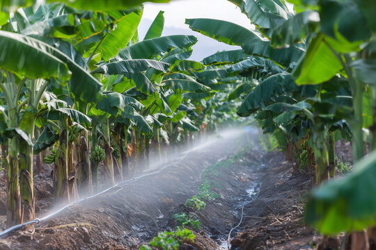 Banana plantation irrigation with water sprinkler system keeping tropical plants healthy and soil moist in bright natural sunlight for sustainable farming.