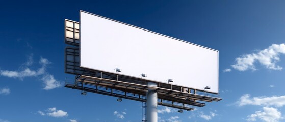 Blank billboard against a vivid blue sky, presenting advertising space. An opportunity to promote a message to a wide audience.