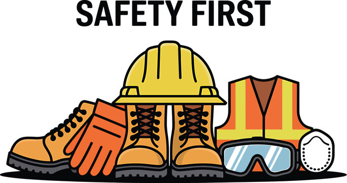 A collection of safety gear with safety first text on a light gray background