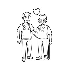 Two doctors showing compassion and affection with heart icon over black background monochrome illustration healthcare providers partnership