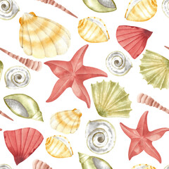 Underwater set of shells, starfish seamless pattern. Watercolor illustration background, hand drawn in gentle colors. Wallpaper for fabric, packaging, wrapping paper, design, print