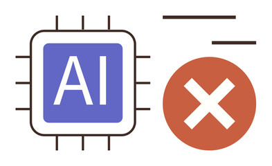 AI chip in blue with surrounding circuit lines and a red error sign. Ideal for technology ethics, AI limitations, operational error, innovation, software bugs, digital risks, simple flat metaphor