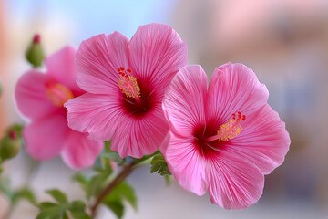 Vibrant pink hibiscus flowers blooming gracefully against a soft blurred background, showcasing delicate petals and intricate details, symbolizing beauty and nature's artistry in a serene environment