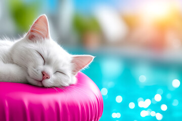 White cat peacefully sleeping on a vibrant pink float, surrounded by a sparkling blue pool, capturing a serene summer atmosphere with soft sunlight illuminating the scene and creating a tranquil vibe