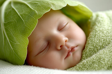 Newborn baby peacefully sleeping, wrapped in soft green fabric, with a large leaf gently covering the head, creating a serene and natural atmosphere, showcasing innocence in a cozy setting