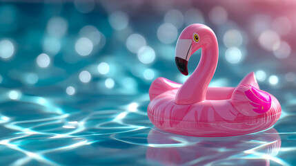 Bright pink flamingo pool float is floating on clear water, reflecting light and creating a serene ambiance, surrounded by soft bokeh effects, evoking a fun and relaxing summer vibe