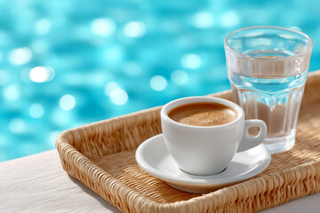 Freshly brewed espresso served in a white cup alongside a glass of water on a woven tray, with a shimmering blue pool in the background creating a relaxing atmosphere for leisure