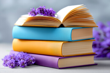 Stacked colorful books with an open book on top, surrounded by fresh lavender flowers, creating a vibrant and inviting atmosphere for reading and relaxation in a cozy setting
