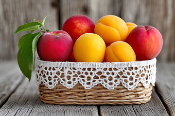Freshly harvested peaches and apricots arranged in a rustic woven basket with delicate lace trim, placed on a weathered wooden surface, showcasing vibrant colors and natural textures of summer fruits