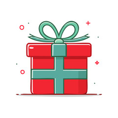 Red gift box illustration with green ribbon bow for Christmas or birthday celebration holiday present surprise