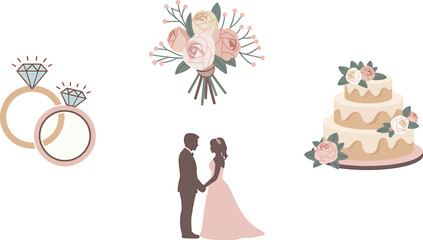 A wedding themed illustration with rings flowers cake and bride and groom figures
