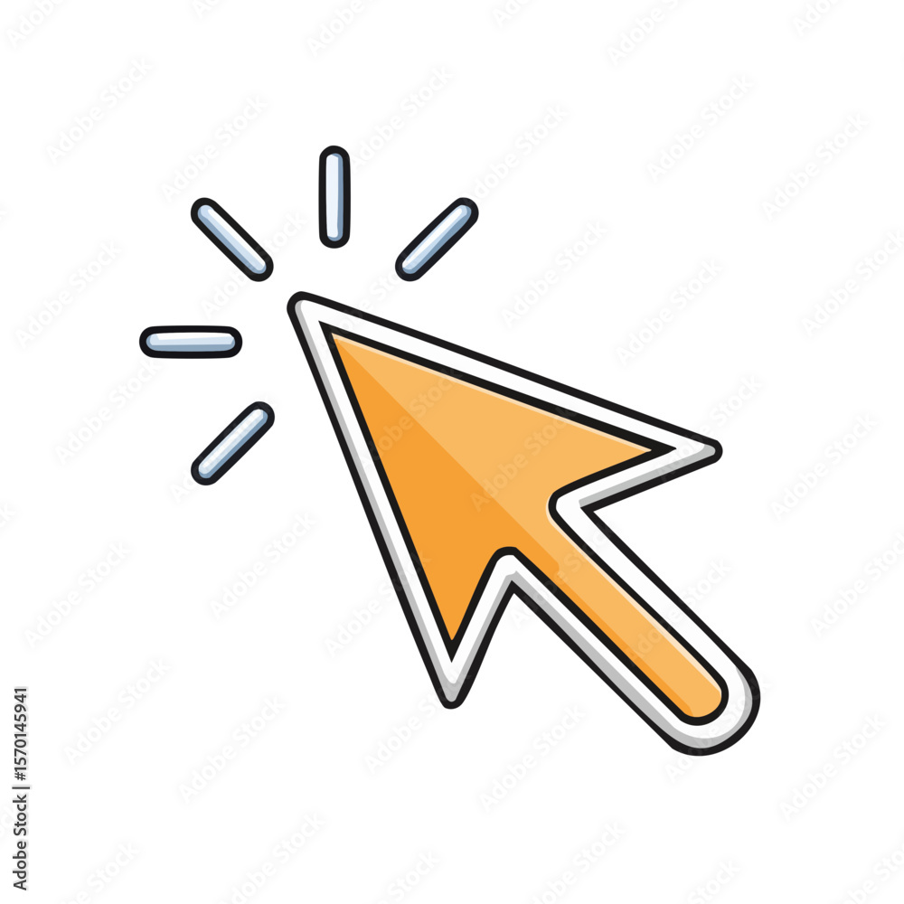 Poster orange computer cursor illustration clicking with light beams on black background for website design