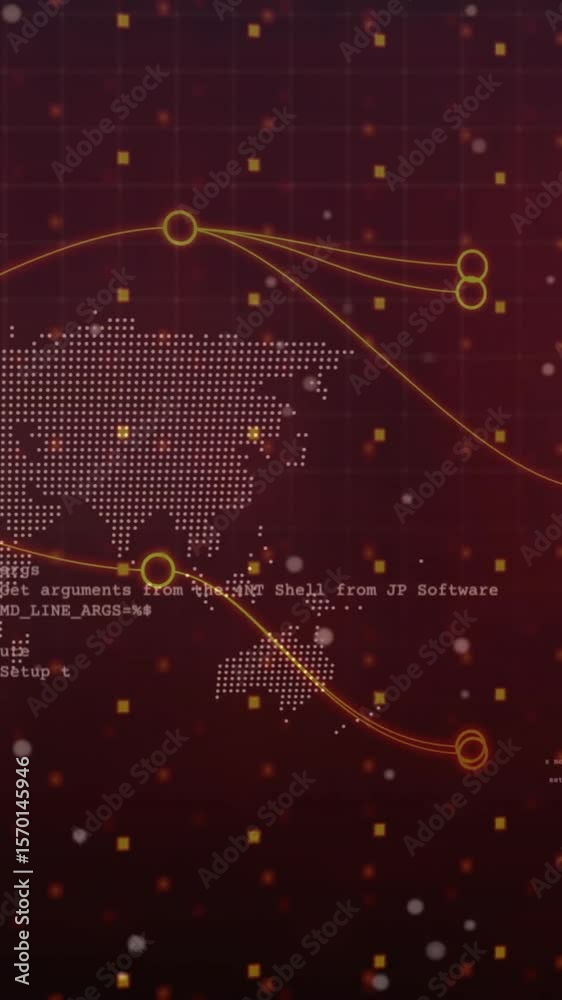 Poster animation of network of connections and globe over data processing and world map on black background