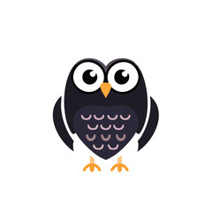 Obraz premium Cartoon Owl Standing Isolated on Black Background with Large Eyes and Orange Beak