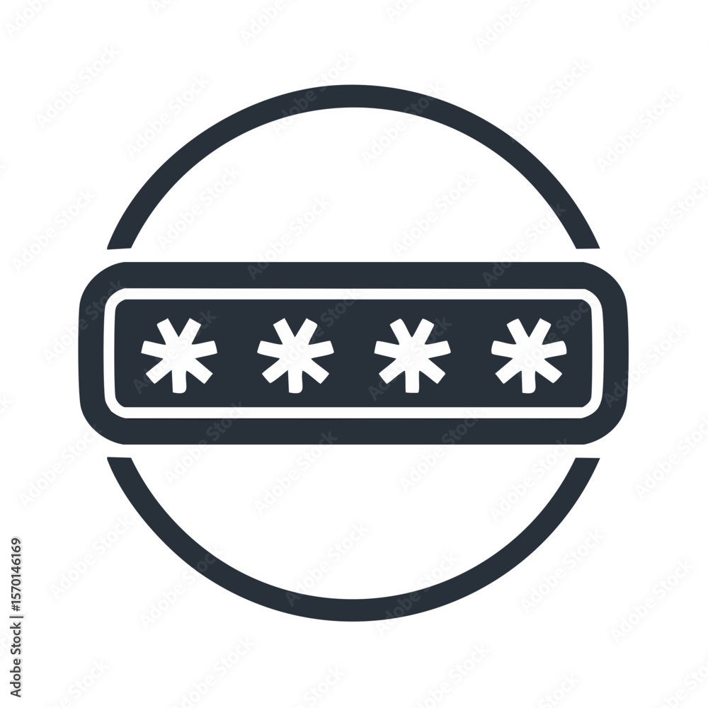 Poster password security icon with asterisks in round frame on black background