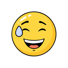 Fototapeta premium Relieved Emoji: Yellow Smiley Face with Sweat Drop and Laughing Expression on Black Background