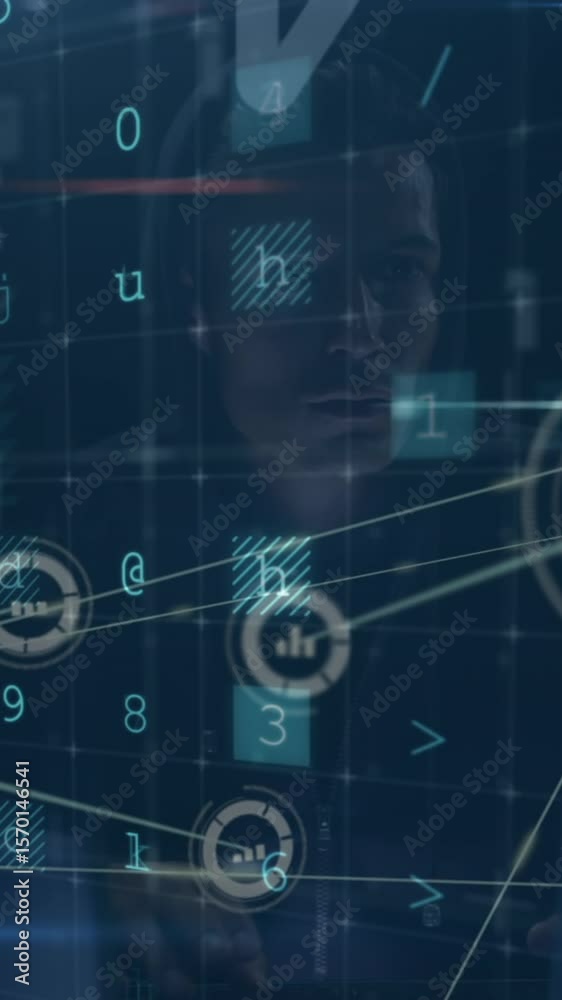 Poster animation of digital interface and network of connections over hacker