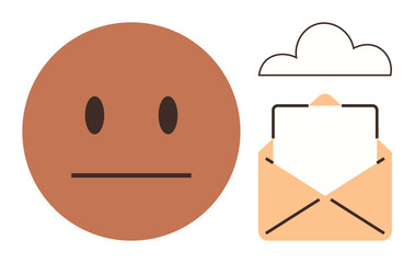 Neutral face alongside an open envelope and a cloud, symbolizing communication, messaging, feedback, storage, email, online interaction, and emotions in a simple flat metaphor