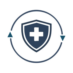 Obraz premium Protective shield with cross and arrow cycle offering health insurance solutions and data security for continuous healthcare improvement