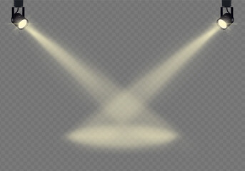 Spotlight, stage lighting, theater stage lighting, concert hall lighting on transparent background. Isolated lighting. Vector illustration.